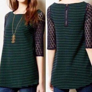 Anthropology Postmark Striped Tunic Lace Sleeves Sz S Blue & Green 91E